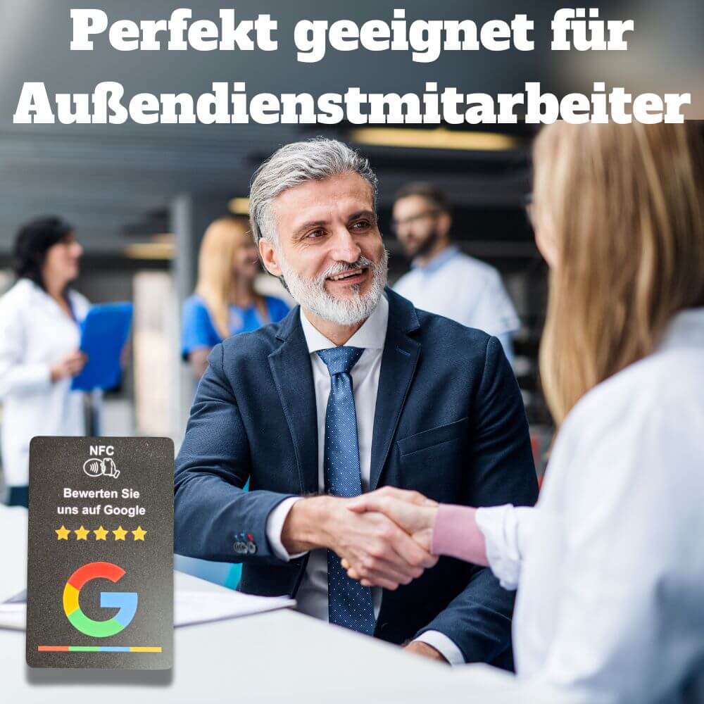 Die NFC-Karte ist perfekt für Außendienstmitarbeiter. Sammle überall wohin dein Buisness geht auch neue Google-Rezessionen. 