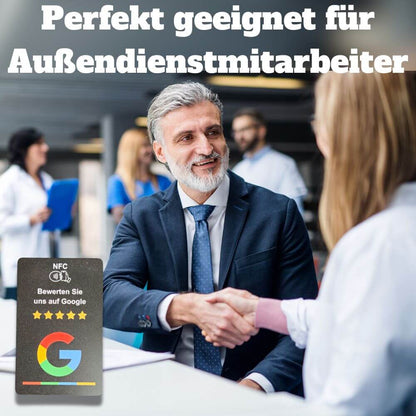 Die NFC-Karte ist perfekt für Außendienstmitarbeiter. Sammle überall wohin dein Buisness geht auch neue Google-Rezessionen. 