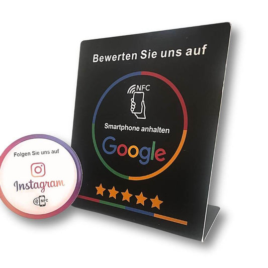 NFC Google Bewertungsaufsteller, Tisch-Ständer für mehr Bewertungen auf Google. Dazu ein NFC Klebesticker für Instagram, für mehr Instagram Follower. Ein Set für beides.