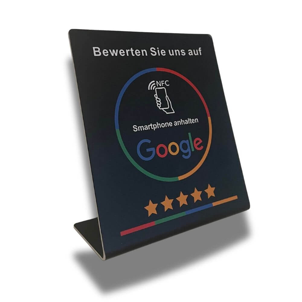 NFC Bewertungsaufsteller in Schwarz. Mehr Bewertungen, besseres Google-Ranking.