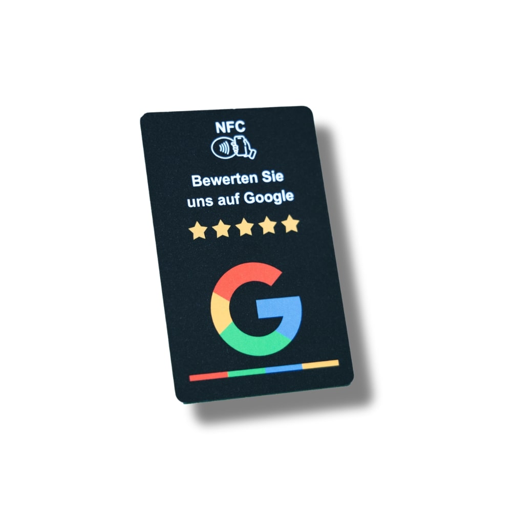 NFC-Bewertungskarte für Google in Schwarz. Perfekt für unterwegs und für Außendienstmitarbeiter.