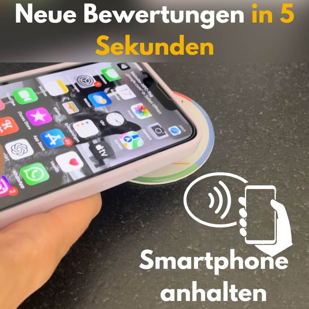 Deine Kunden können in 5 Sekunden eine Bewertung abgeben. Dadurch sind Kunden leichter gewillt eine Bewertung abzugeben. Außerdem ist der Sticker ein Trigger daran, überhaupt daran zu denken.