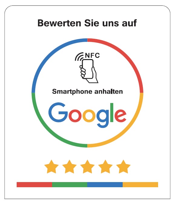 Google Bewertungsschild das sagt: Bewerten Sie uns auf Google. Smartphone anhalten.